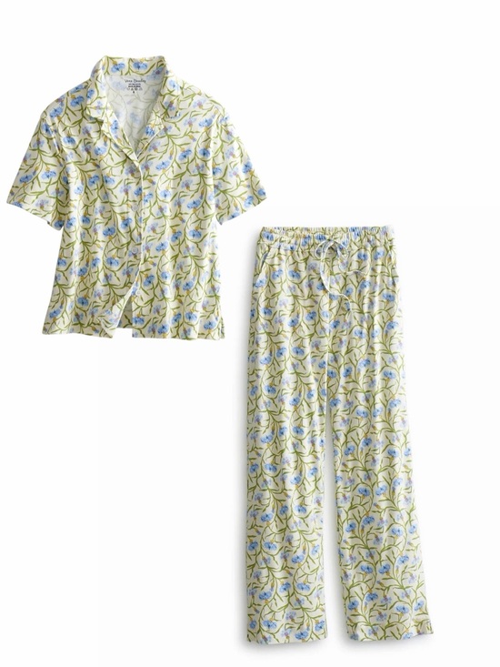 Vera Bradley Other - Vera Bradley Cream Floral Button-Front Pajama Set with Blue & Green Print